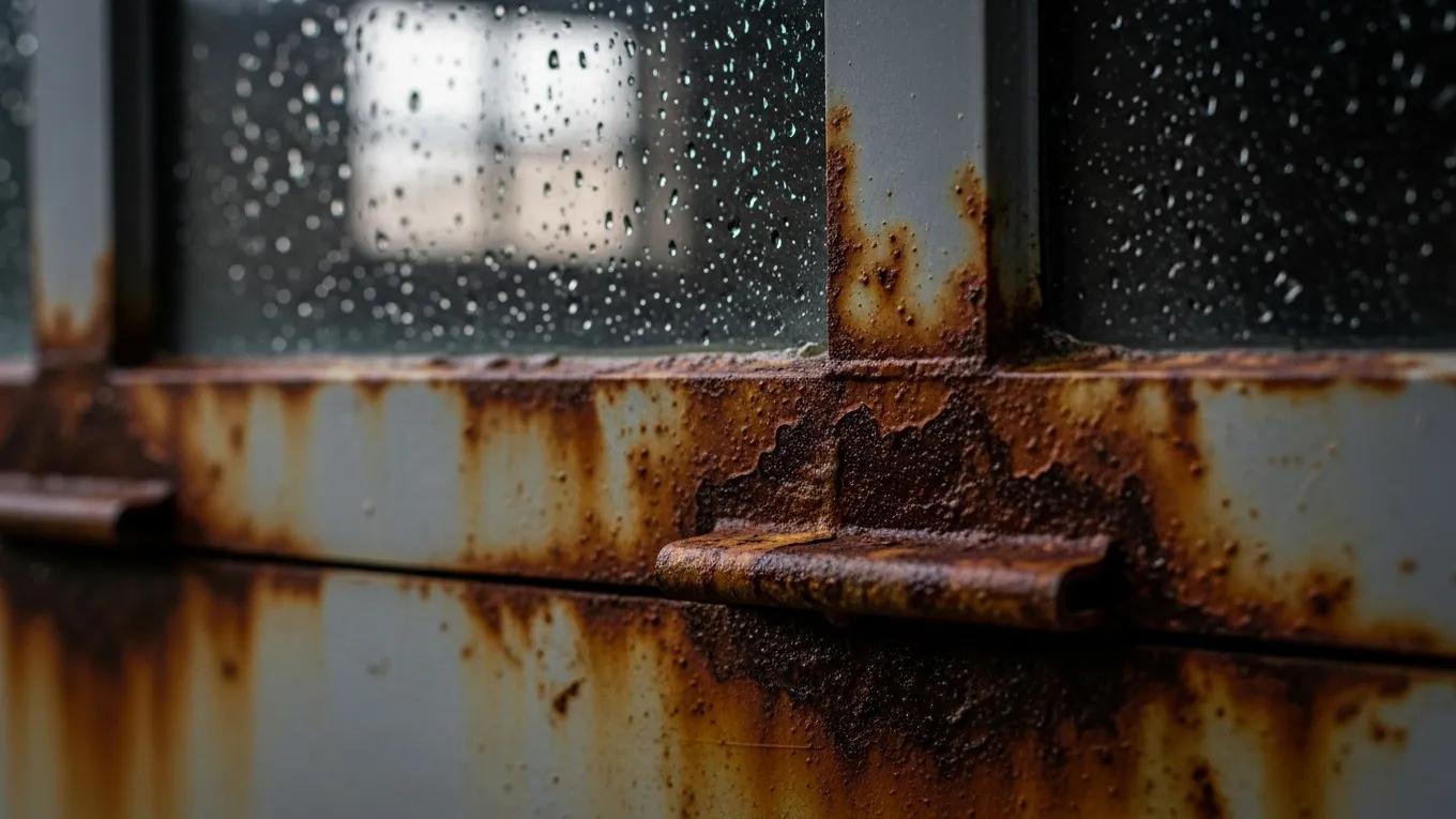 Close-up of rust on garage door metal components indicating damage from high humidity and moisture