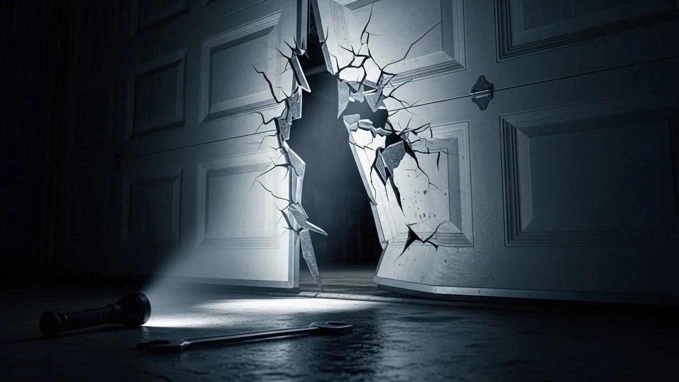 Emergency situation showing a broken garage door with tools for urgent repair