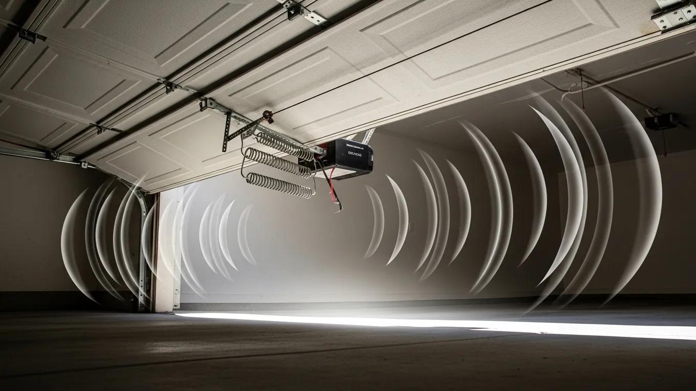 Garage door in operation with sound effects illustrating noisy performance issues