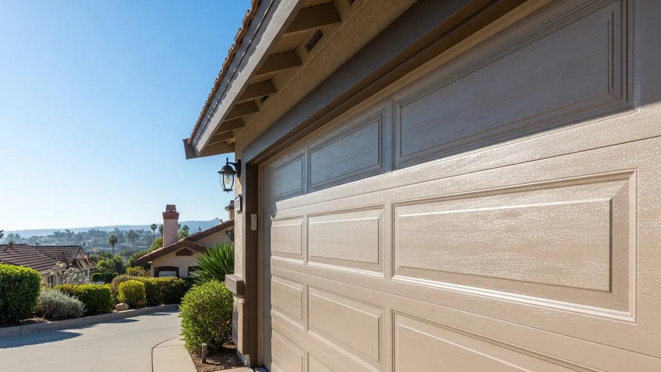 Residential garage door in Mission Viejo showcasing weatherproofing features against sunny coastal backdrop