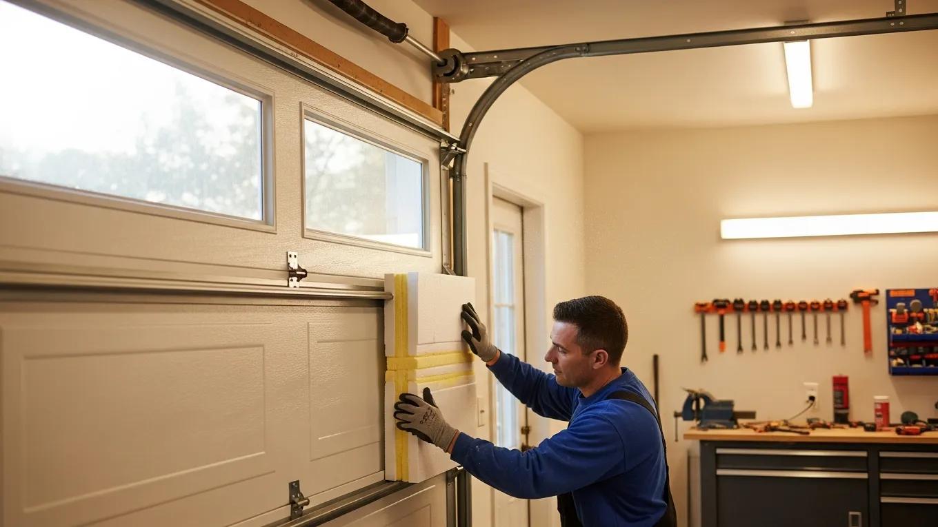 Technician installing insulation in garage door panels highlighting energy efficiency and durability benefits