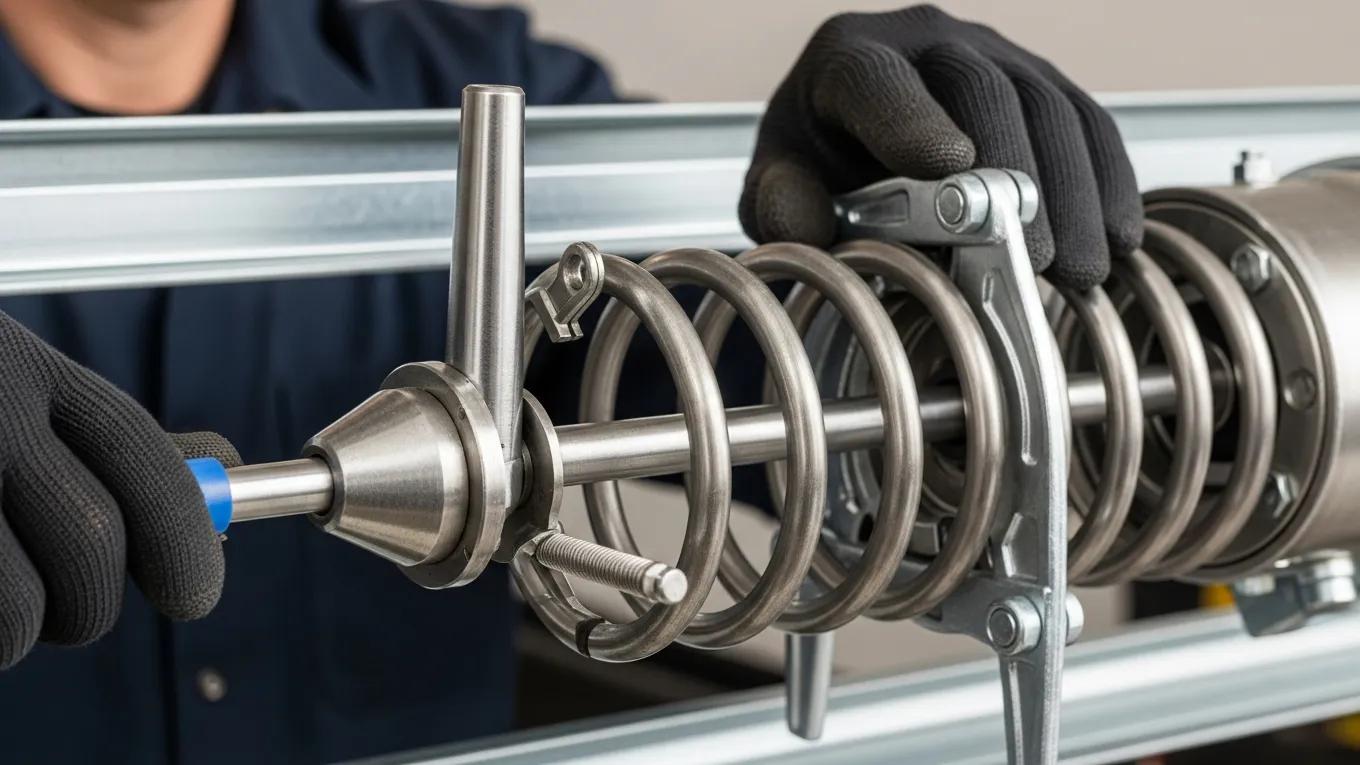 Technician replacing a garage door spring, focusing on the spring components and tools