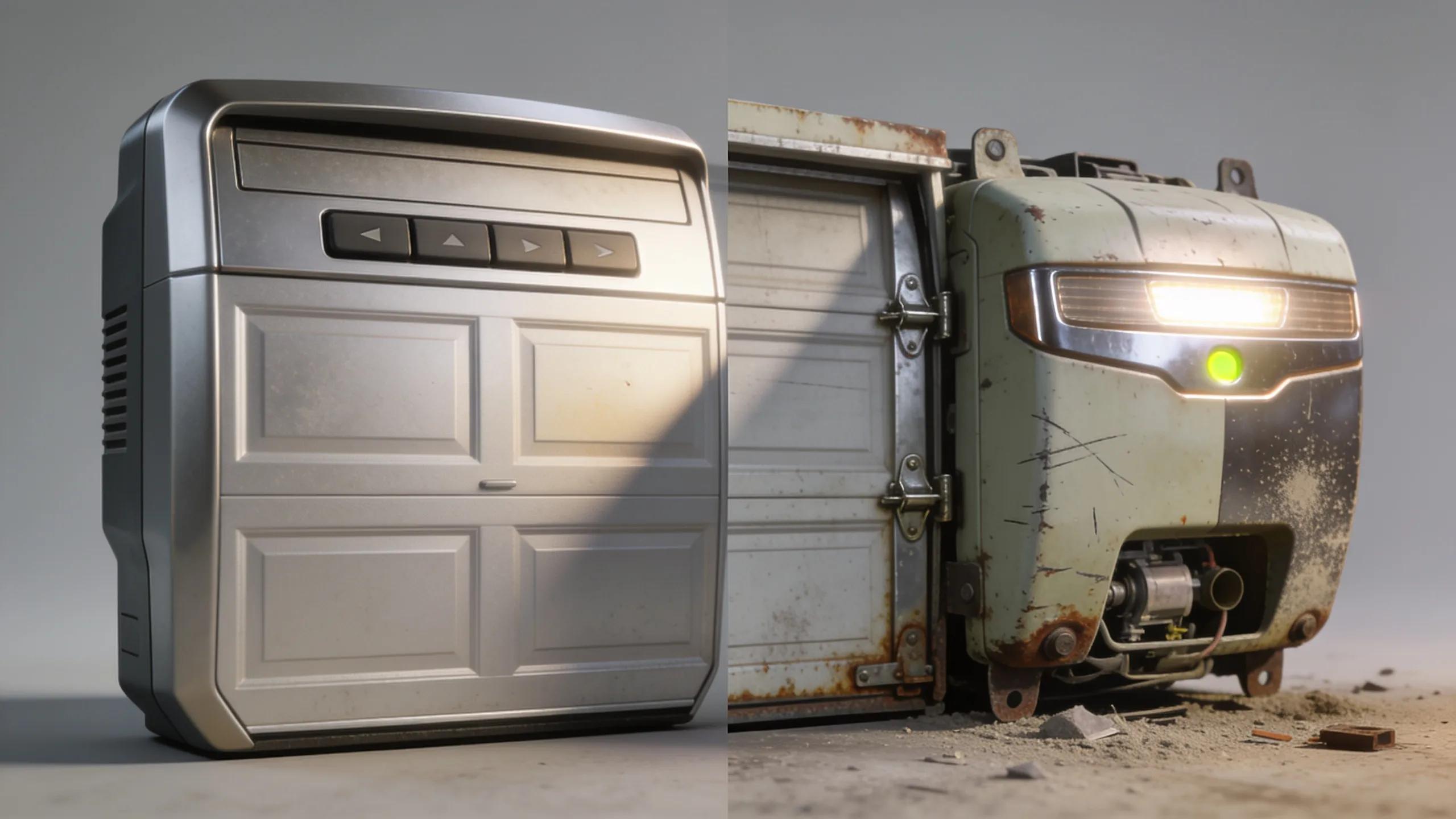 Comparison of old malfunctioning garage door opener and new modern model