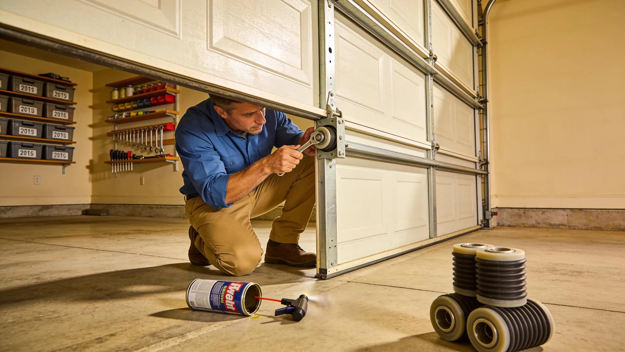 Garage door repair scene with tools and components for home improvement