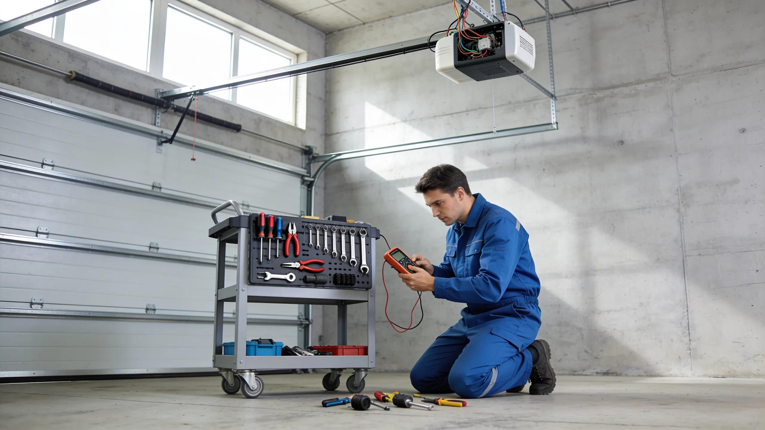 Garage door opener repair tools and technician examining equipment