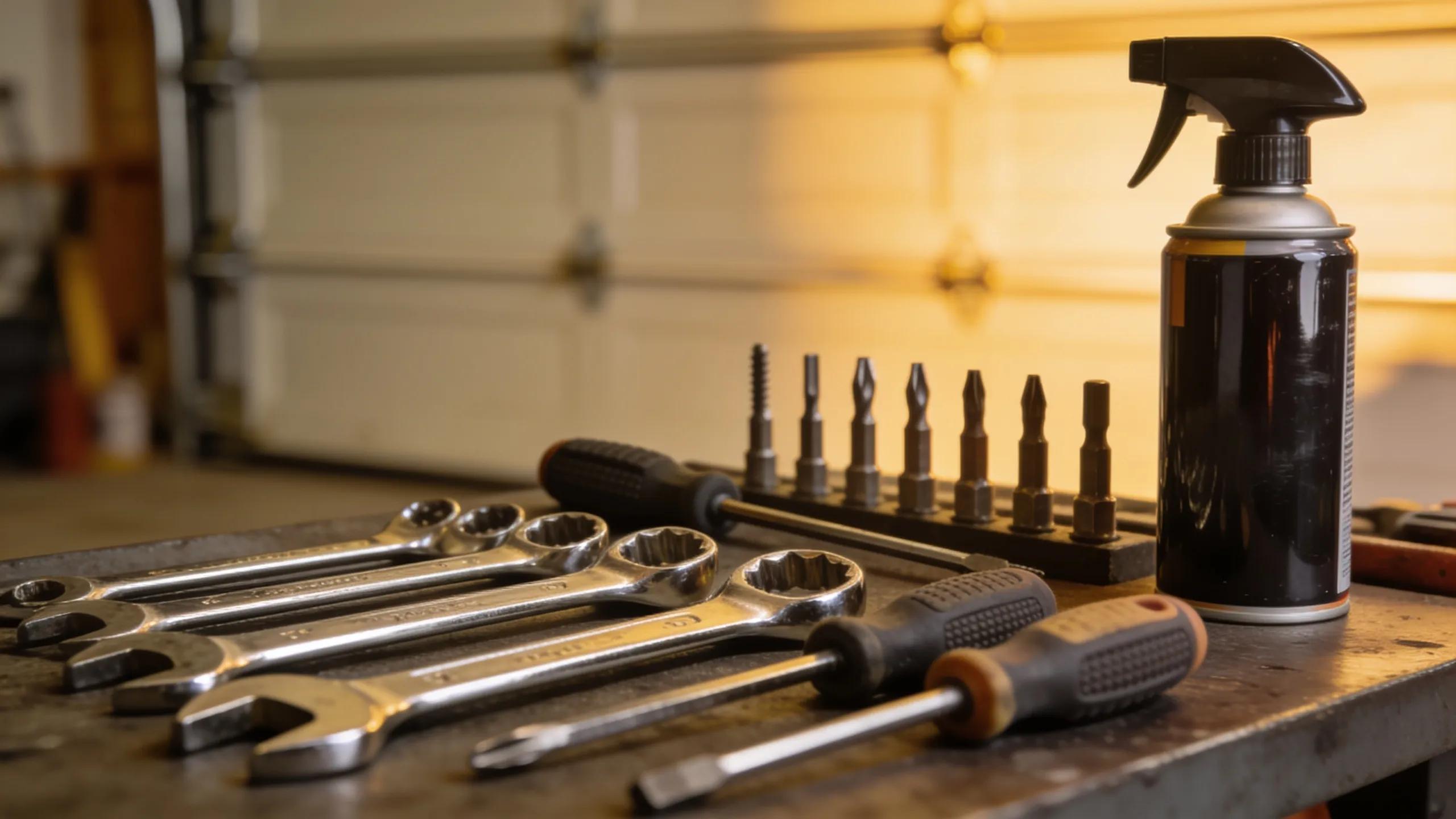 Various garage door repair tools including wrenches and lubricant, highlighting necessary equipment for garage door fixes