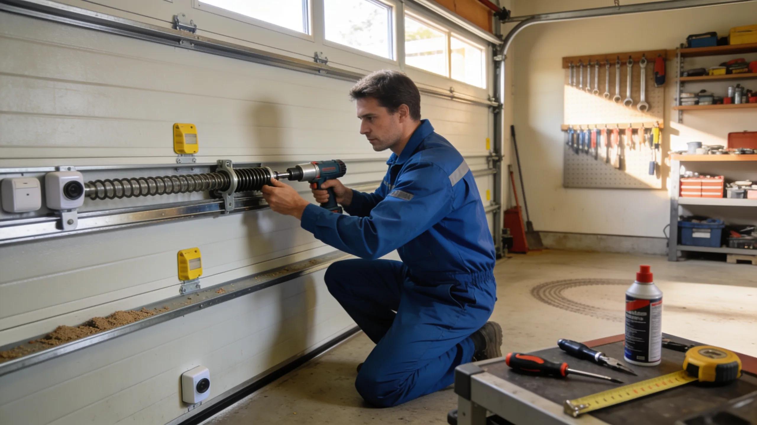 Technician performing preventative maintenance on a garage door with tools