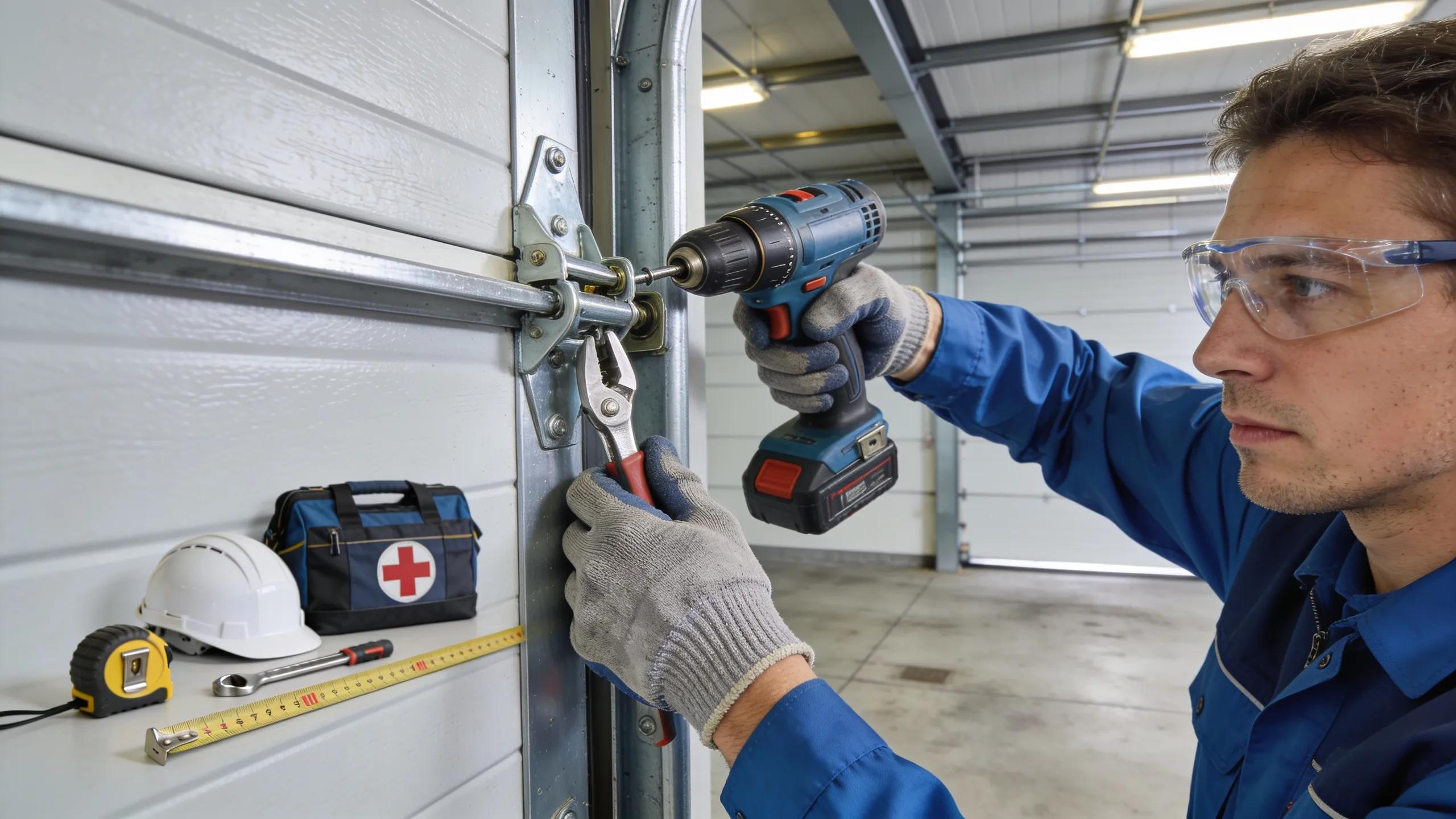 Professional technician demonstrating expert garage door installation techniques in a well-equipped garage