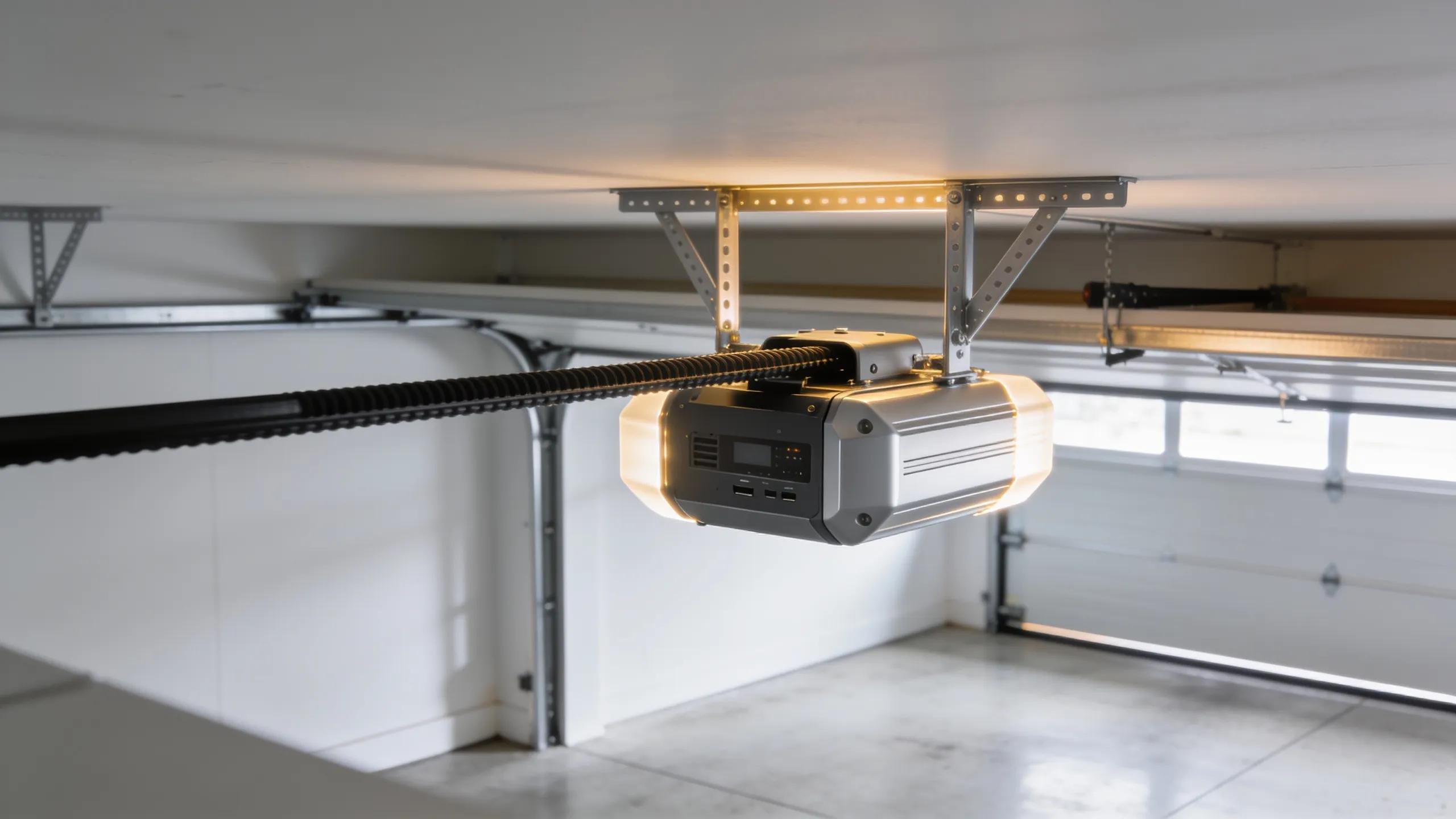 Quiet garage door opener showcasing a modern installation, emphasizing noise reduction technology for garage doors