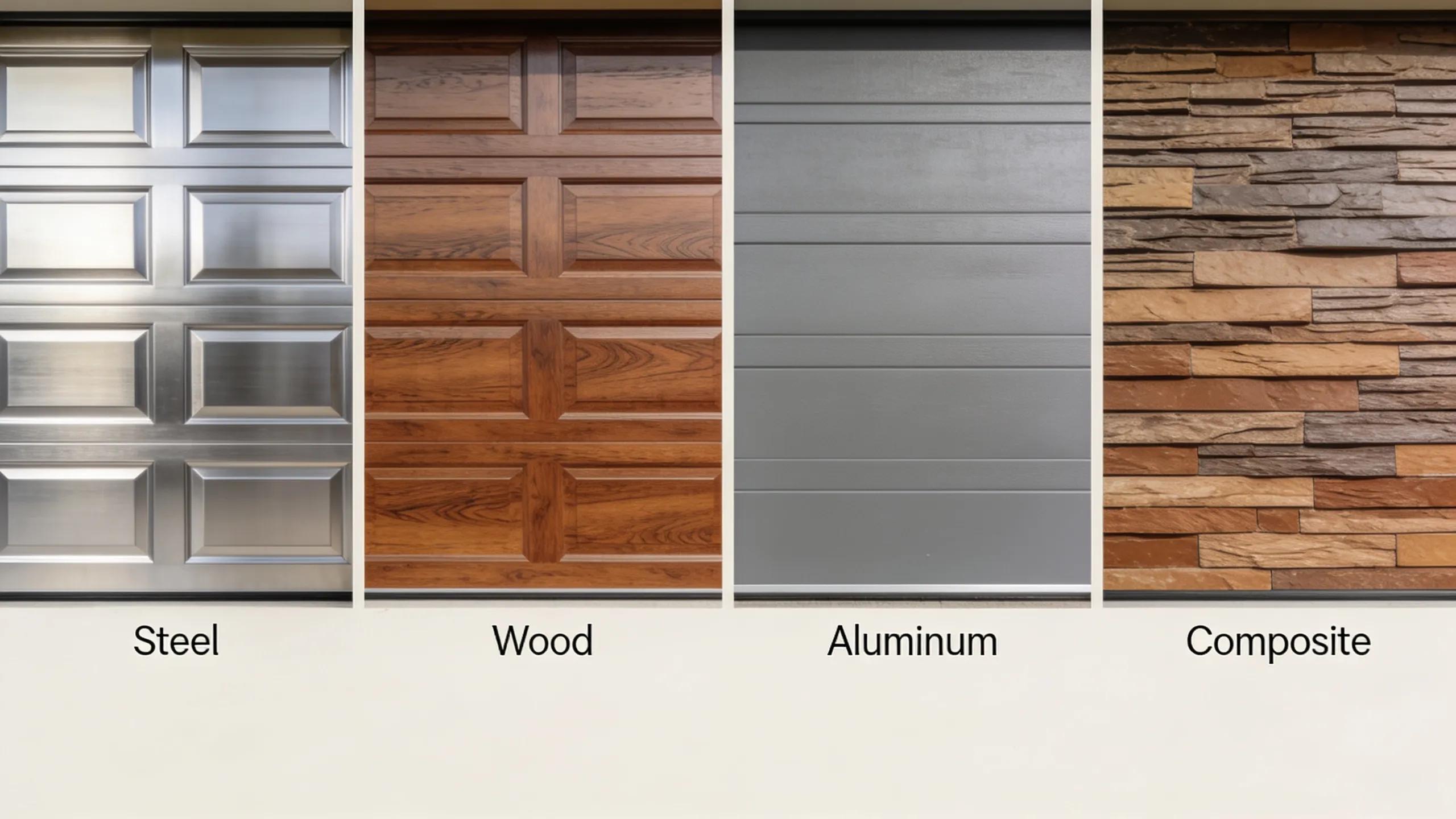 Variety of garage door materials including steel, wood, aluminum, and composite showcasing their textures and finishes